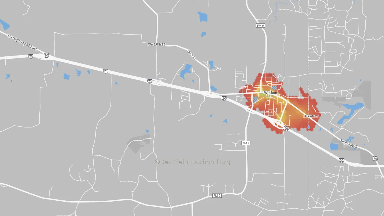 Walk Grade map of Jonesville, TX, walkable areas in green and car-dependent areas in red