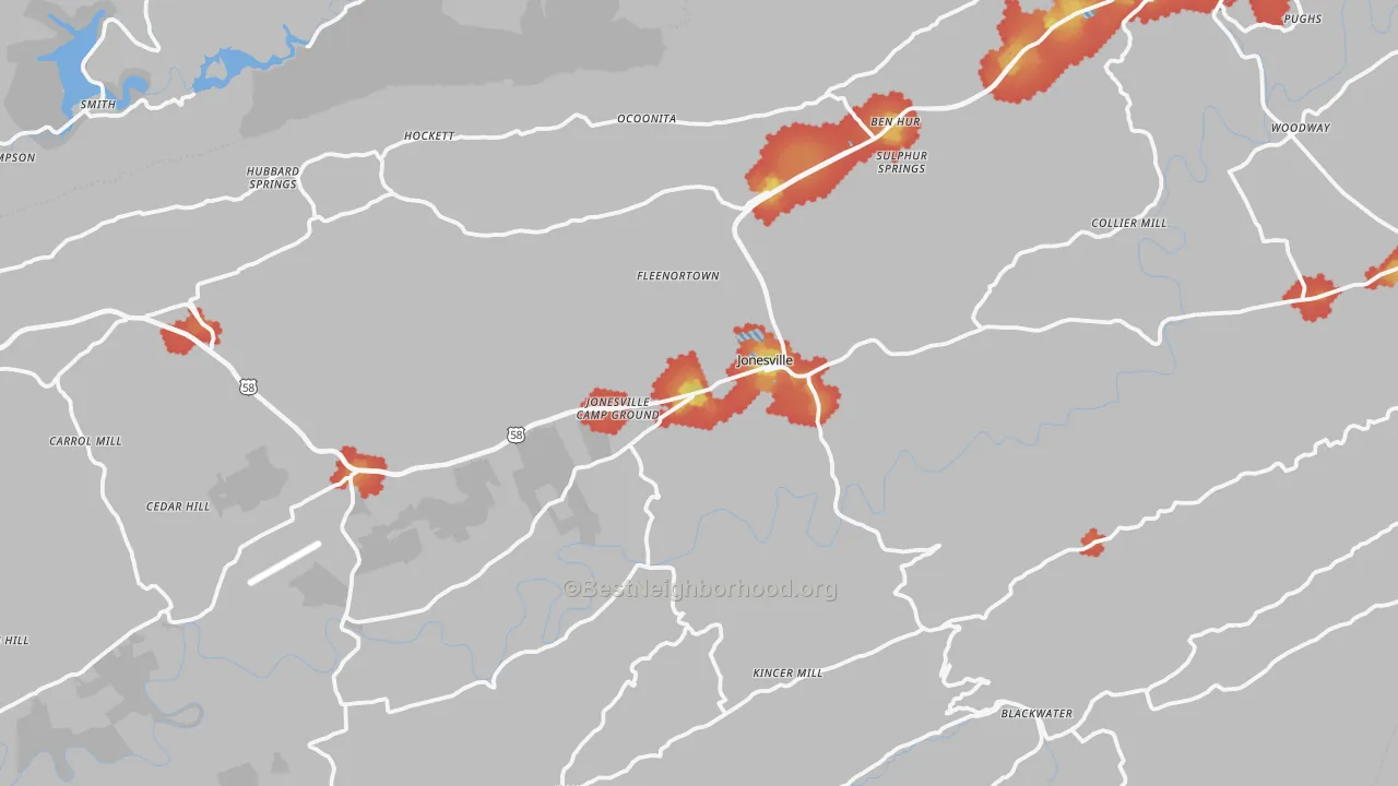 Walk Grade map of Jonesville, VA, walkable areas in green and car-dependent areas in red