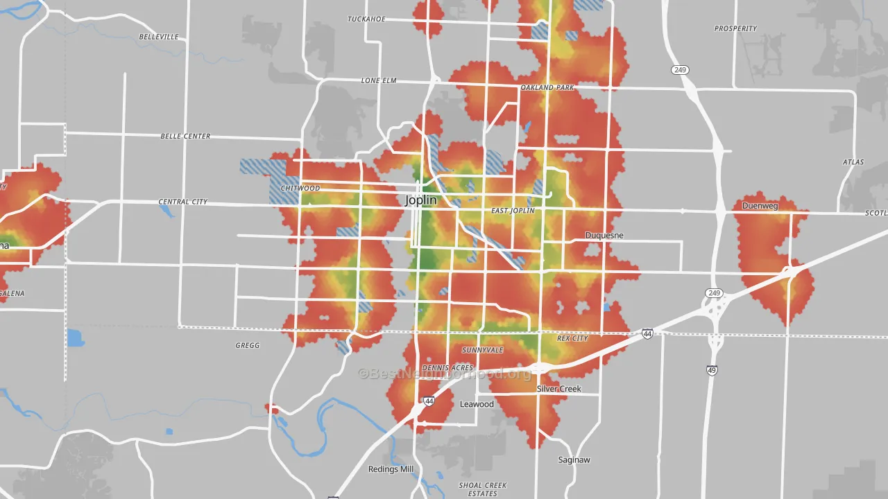 Walk Grade map of Joplin, MO, walkable areas in green and car-dependent areas in red