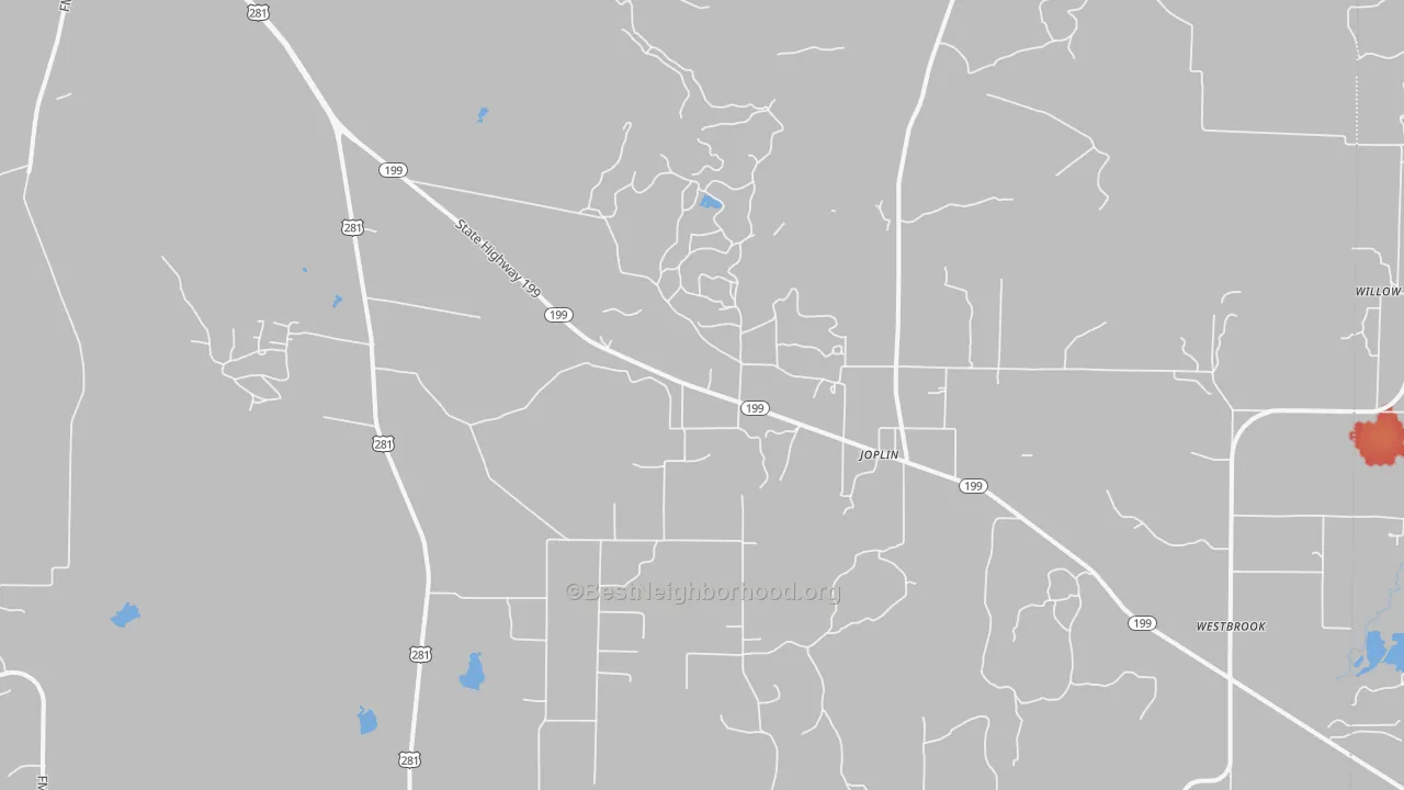 Walk Grade map of Joplin, TX, walkable areas in green and car-dependent areas in red