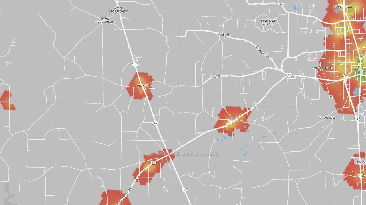 Walk Grade map of Joppa, AL, walkable areas in green and car-dependent areas in red