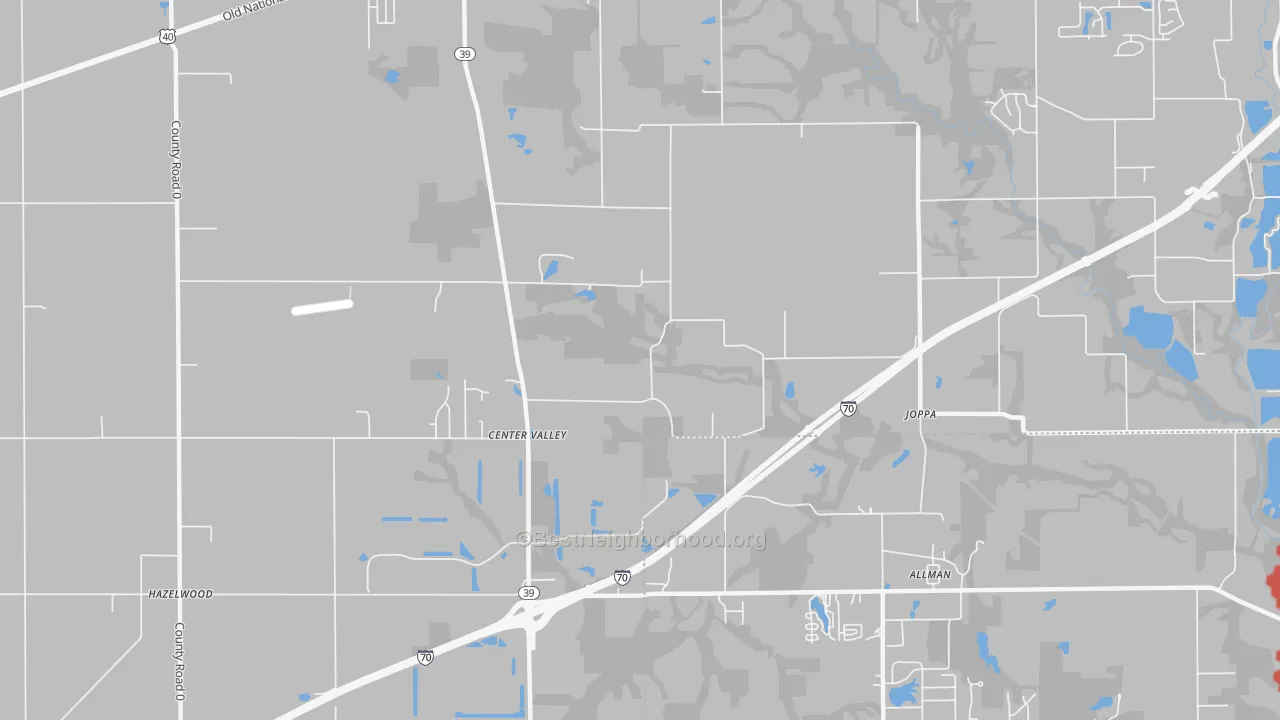Walk Grade map of Joppa, IN, walkable areas in green and car-dependent areas in red