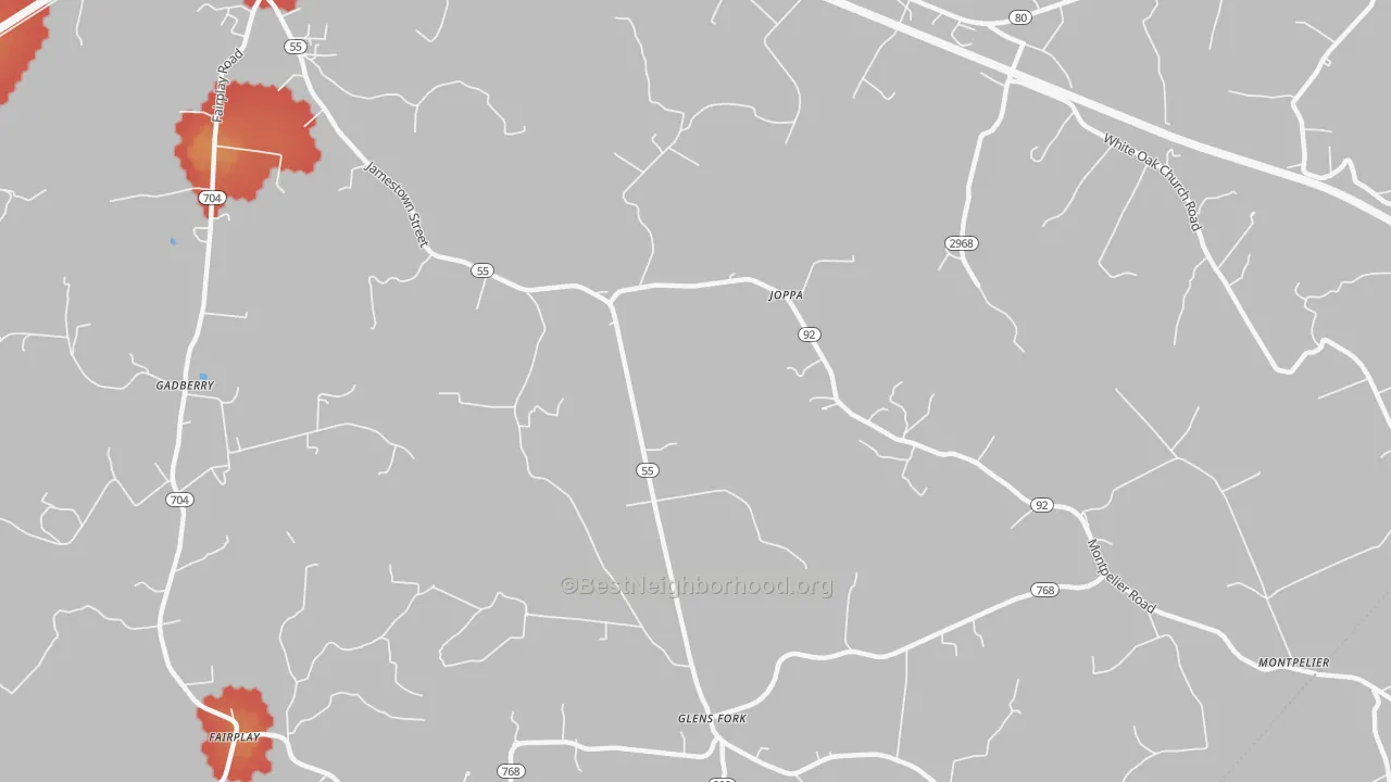 Walk Grade map of Joppa, KY, walkable areas in green and car-dependent areas in red