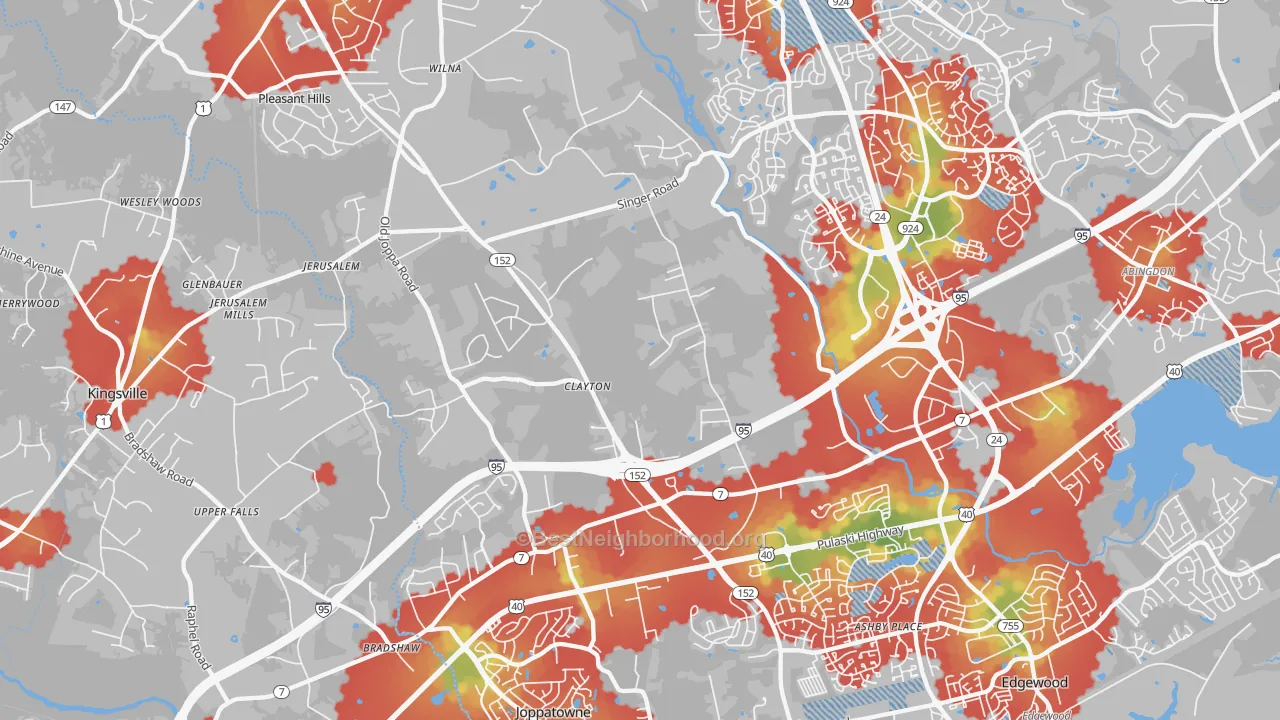 Walk Grade map of Joppa, MD, walkable areas in green and car-dependent areas in red