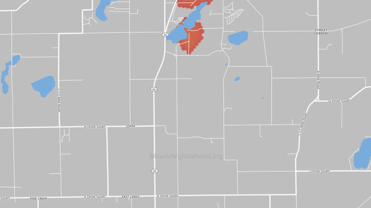 Walk Grade map of Joppa, MI, walkable areas in green and car-dependent areas in red