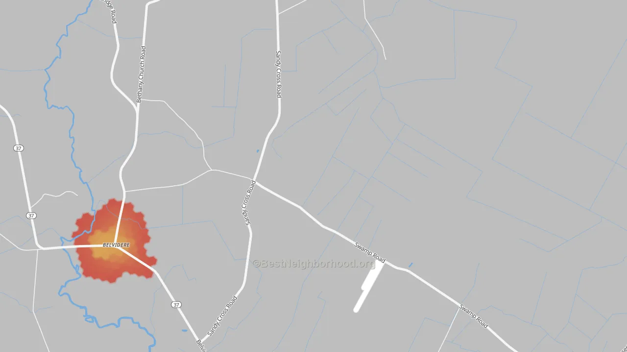 Walk Grade map of Joppa, NC, walkable areas in green and car-dependent areas in red