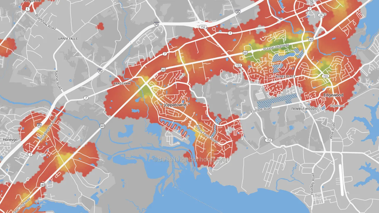 Walk Grade map of Joppatowne, MD, walkable areas in green and car-dependent areas in red