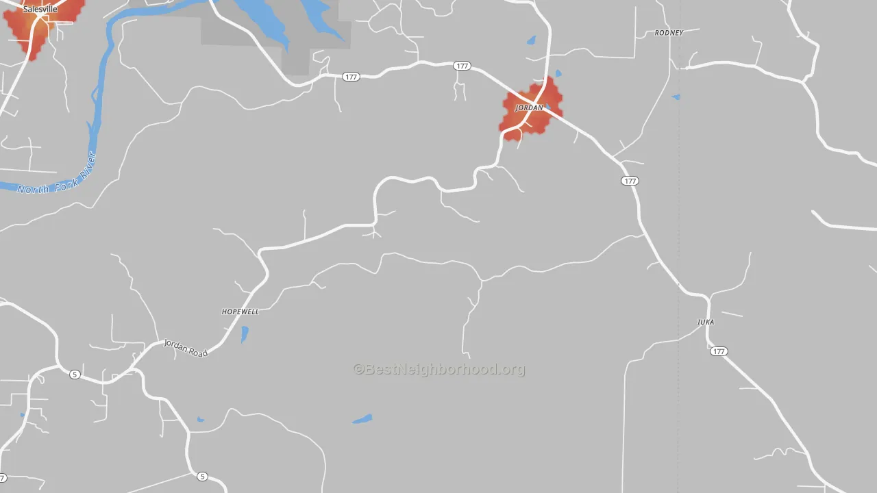 Walk Grade map of Jordan, AR, walkable areas in green and car-dependent areas in red