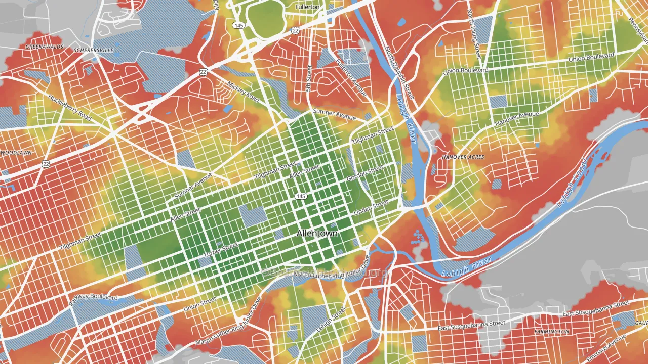 Walk Grade map of Jordan Heights, Allentown, PA, walkable areas in green and car-dependent areas in red