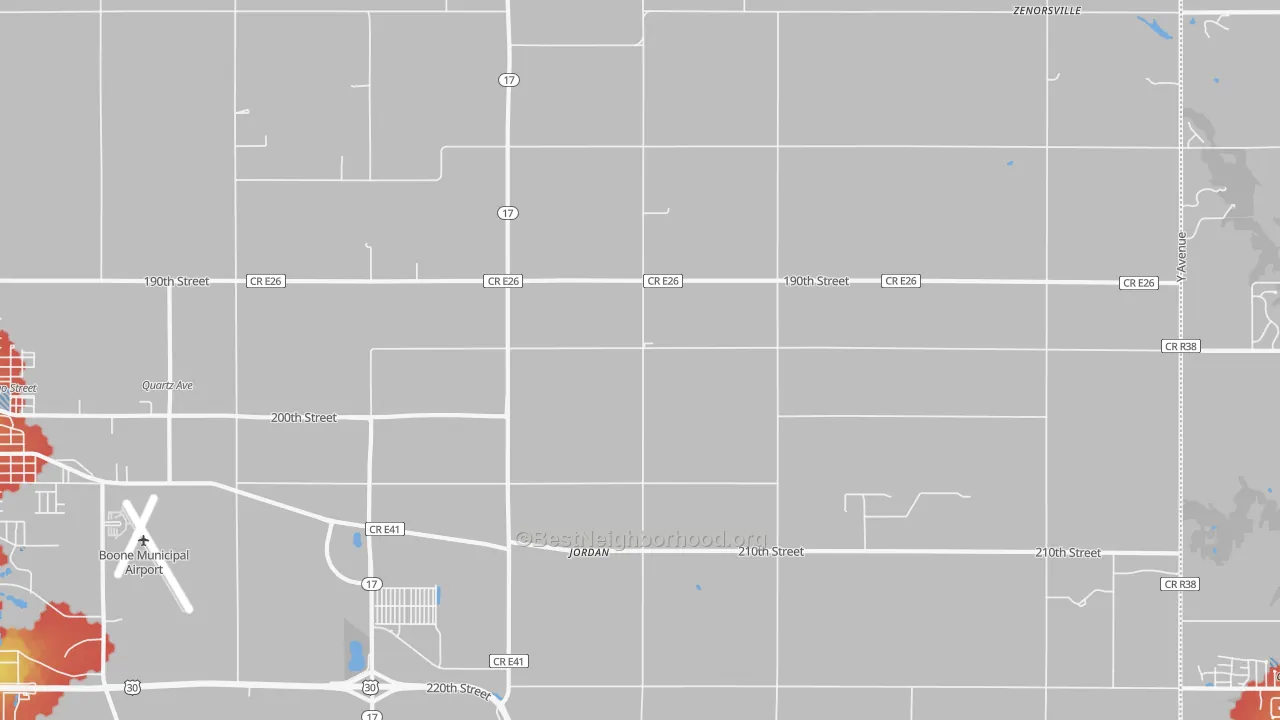 Walk Grade map of Jordan, IA, walkable areas in green and car-dependent areas in red