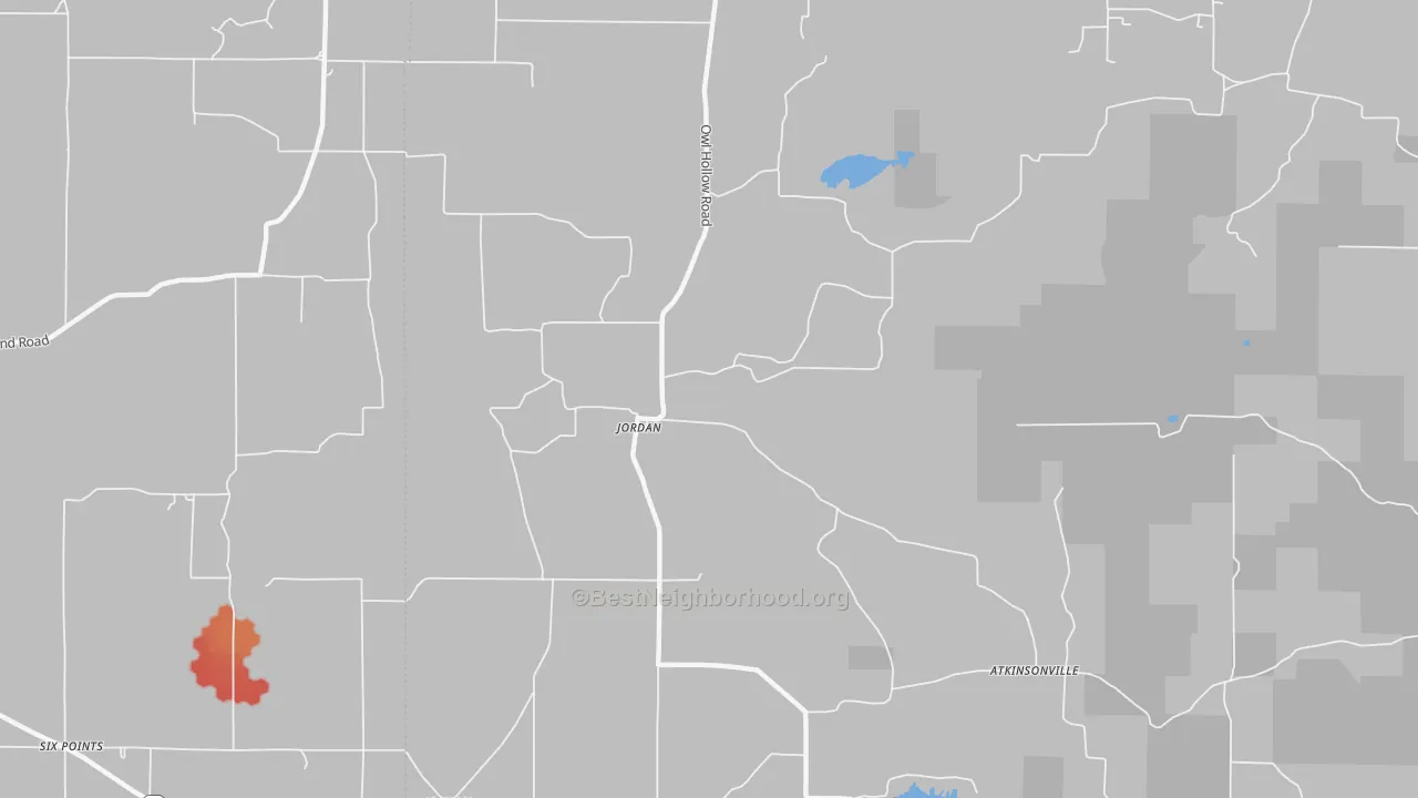 Walk Grade map of Jordan, IN, walkable areas in green and car-dependent areas in red