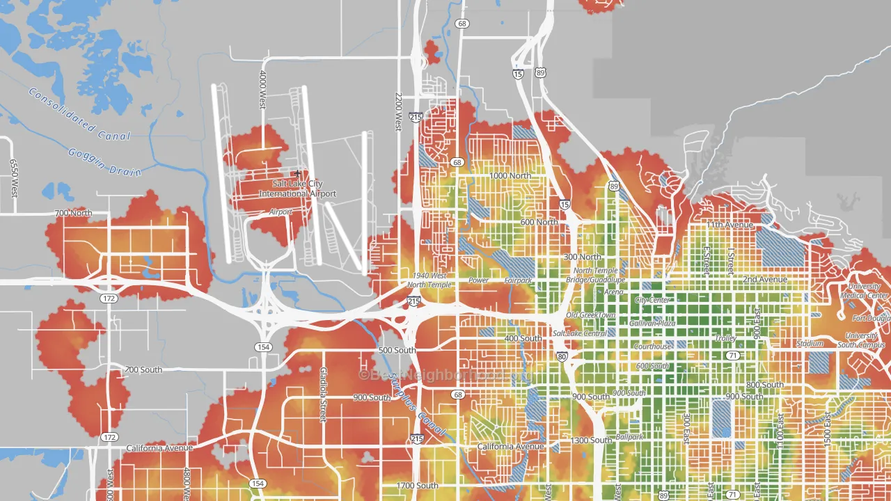Walk Grade map of Jordan Meadows, Salt Lake City, UT, walkable areas in green and car-dependent areas in red