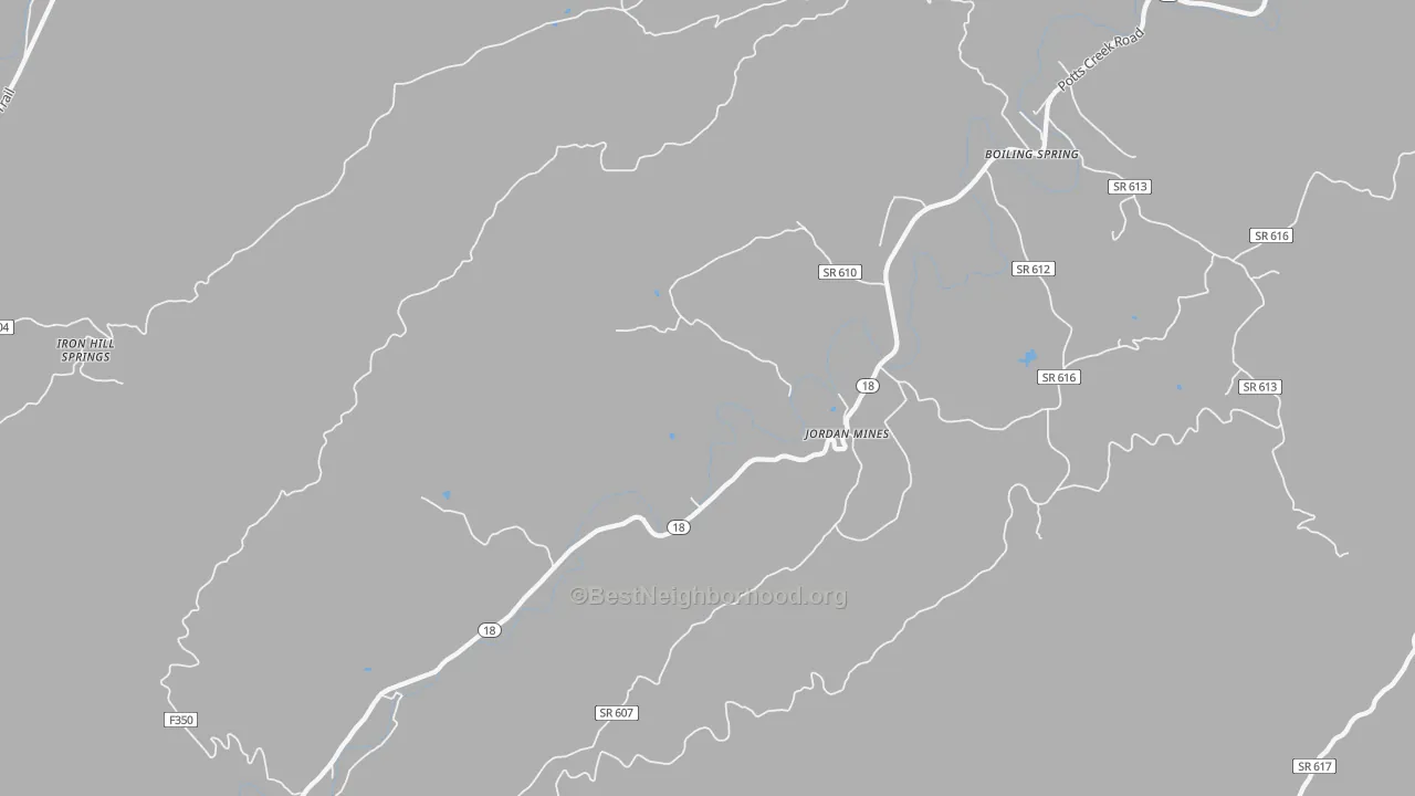 Walk Grade map of Jordan Mines, VA, walkable areas in green and car-dependent areas in red