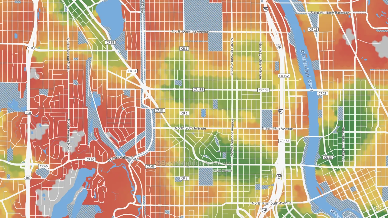 Walk Grade map of Jordan, Minneapolis, MN, walkable areas in green and car-dependent areas in red