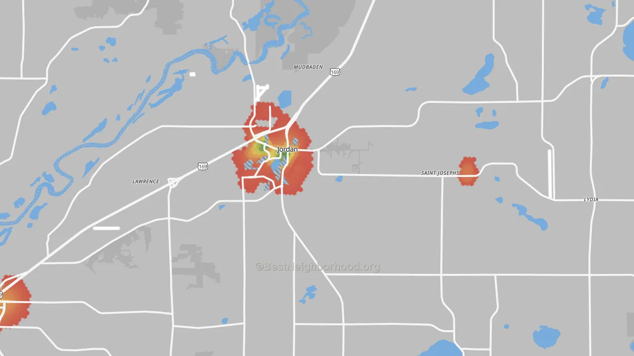 Walk Grade map of Jordan, MN, walkable areas in green and car-dependent areas in red