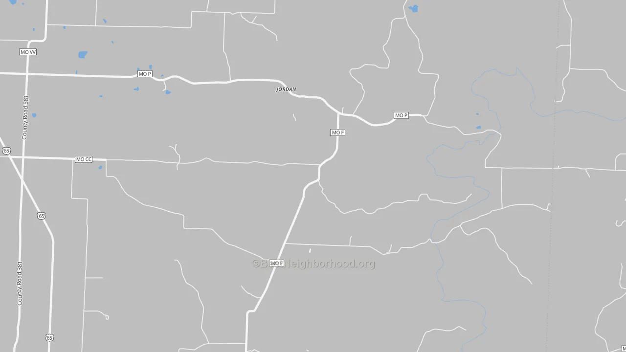 Walk Grade map of Jordan, MO, walkable areas in green and car-dependent areas in red