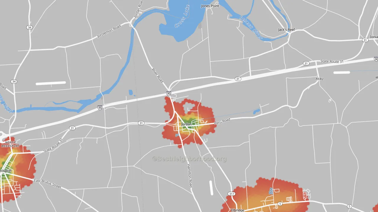 Walk Grade map of Jordan, NY, walkable areas in green and car-dependent areas in red