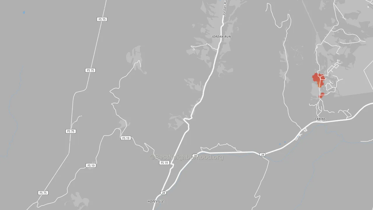 Walk Grade map of Jordan Run, WV, walkable areas in green and car-dependent areas in red