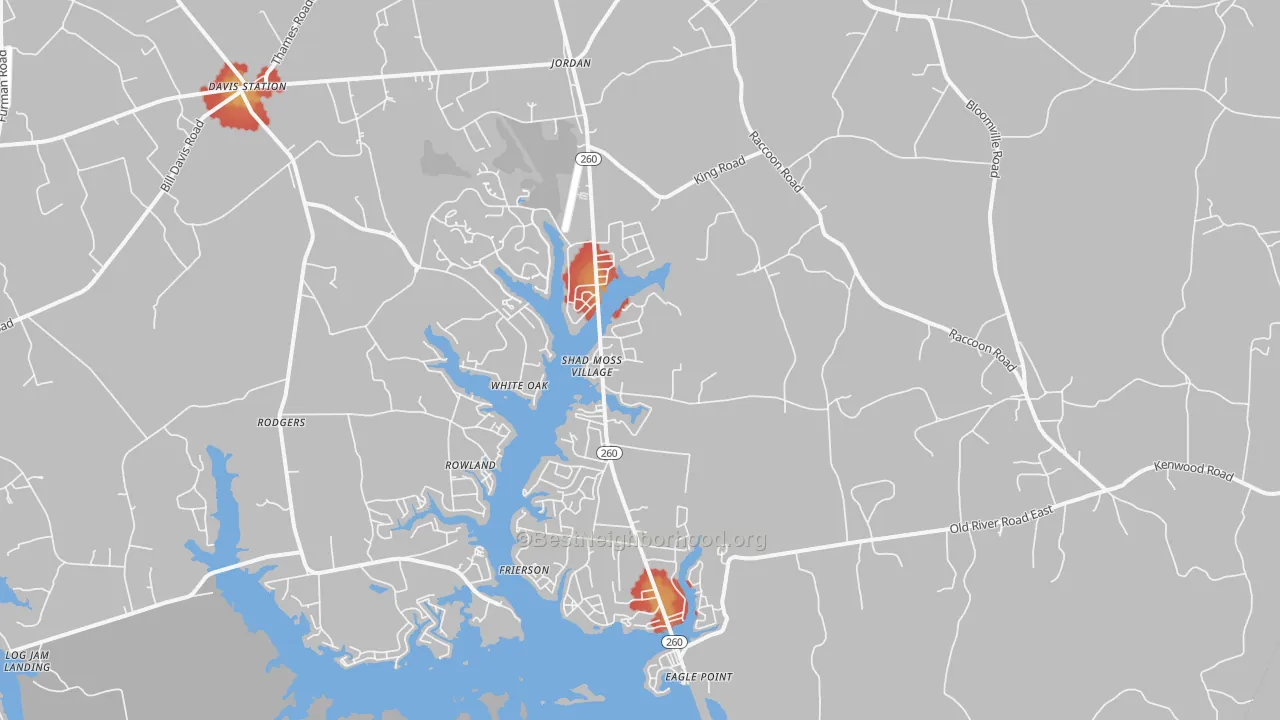 Walk Grade map of Jordan, SC, walkable areas in green and car-dependent areas in red