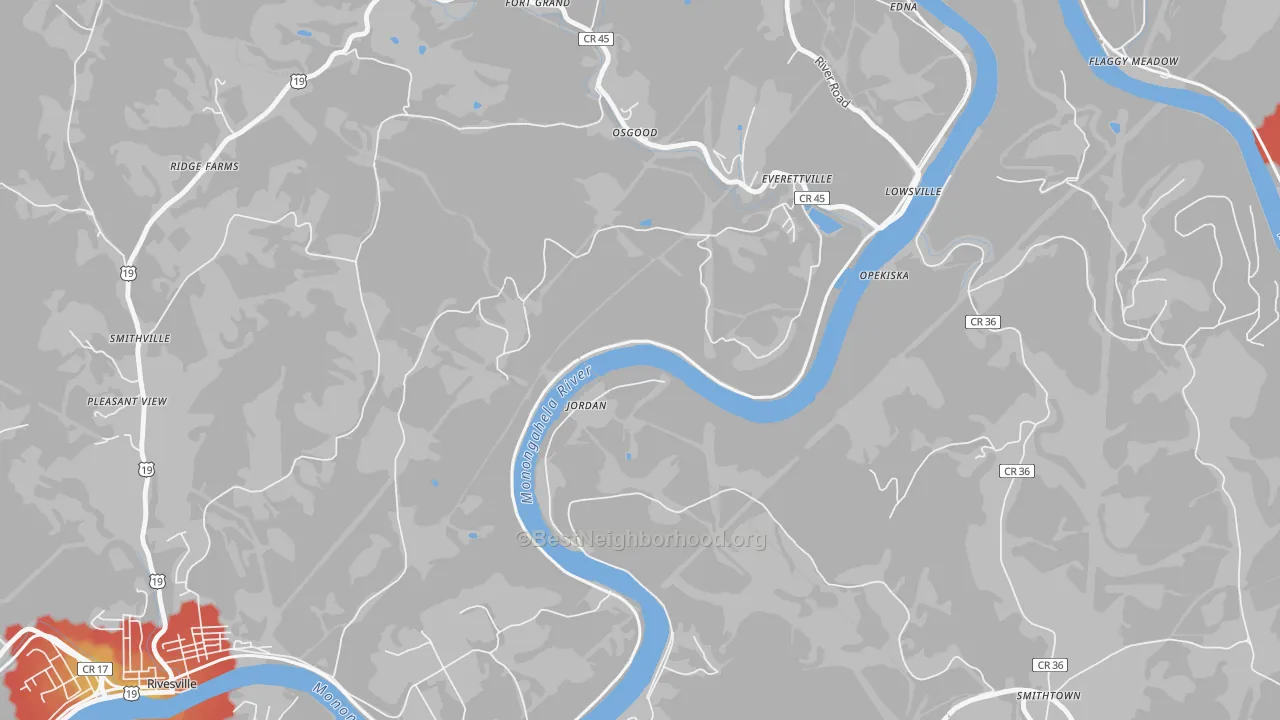 Walk Grade map of Jordan, WV, walkable areas in green and car-dependent areas in red