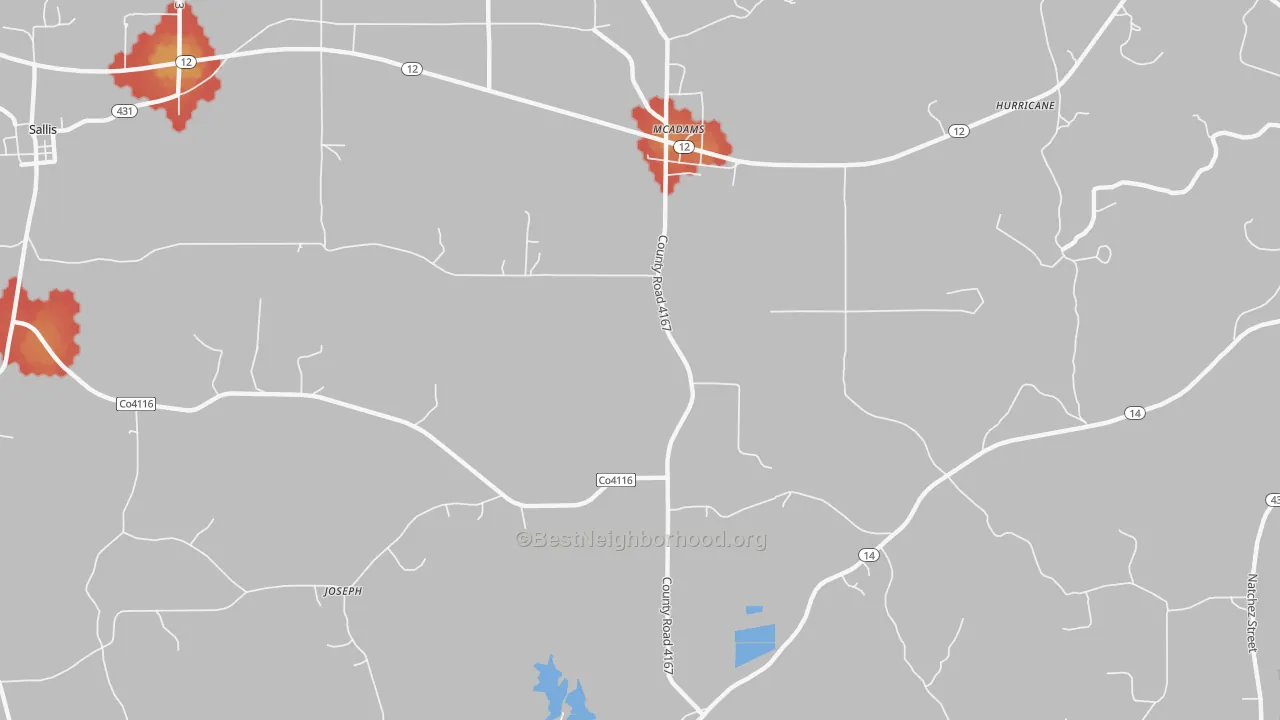 Walk Grade map of Joseph, MS, walkable areas in green and car-dependent areas in red