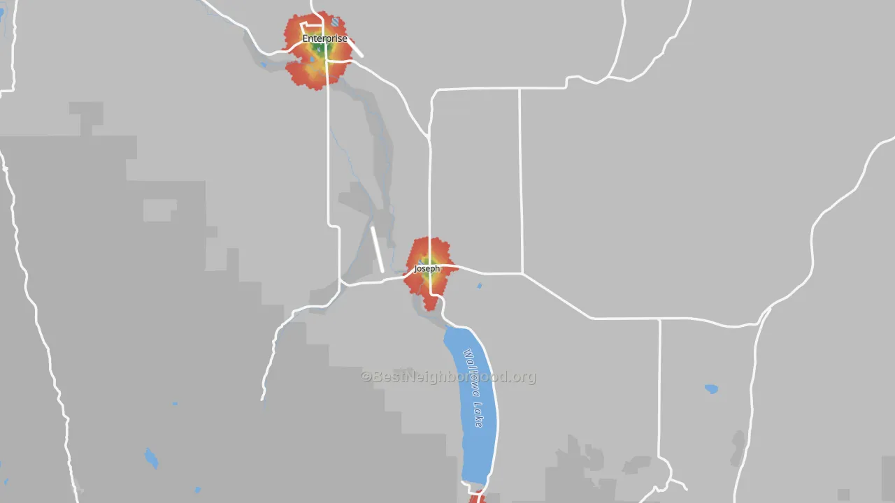 Walk Grade map of Joseph, OR, walkable areas in green and car-dependent areas in red