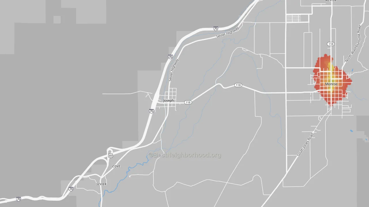 Walk Grade map of Joseph, UT, walkable areas in green and car-dependent areas in red