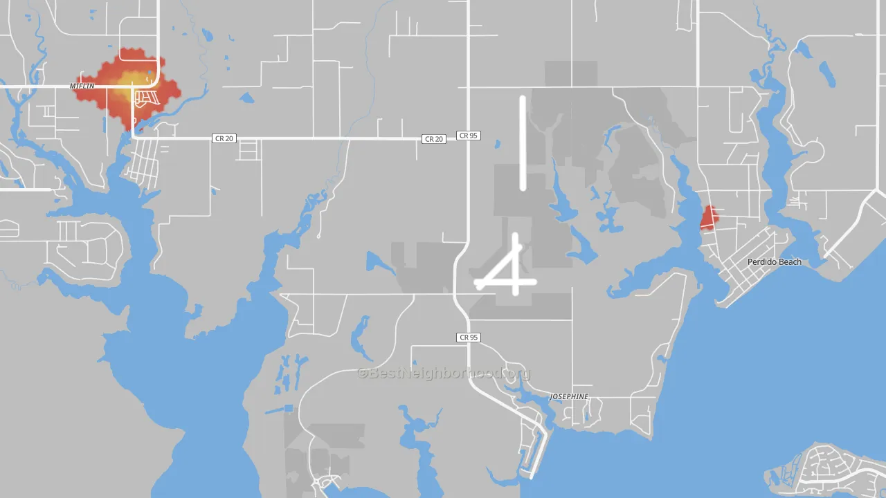 Walk Grade map of Josephine, AL, walkable areas in green and car-dependent areas in red
