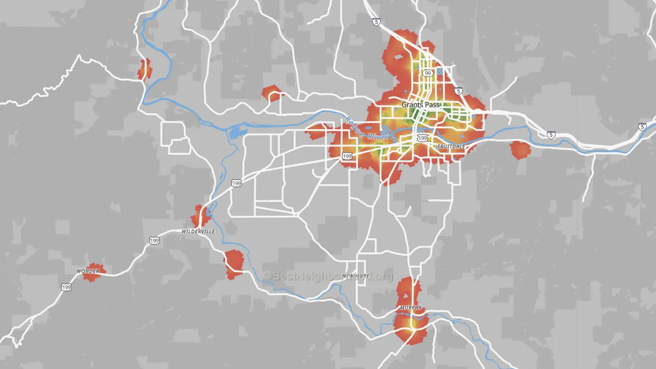 Walk Grade map of Josephine County, OR, walkable areas in green and car-dependent areas in red