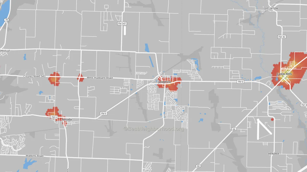 Walk Grade map of Josephine, TX, walkable areas in green and car-dependent areas in red