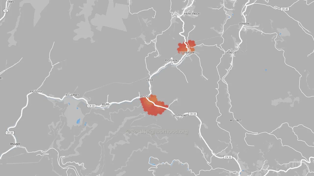Walk Grade map of Josephine, WV, walkable areas in green and car-dependent areas in red
