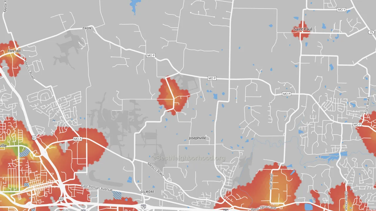 Walk Grade map of Josephville, MO, walkable areas in green and car-dependent areas in red