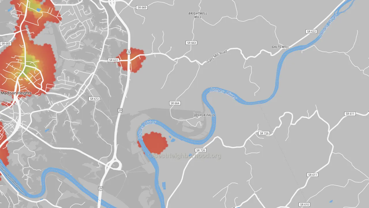 Walk Grade map of Joshua Falls, VA, walkable areas in green and car-dependent areas in red