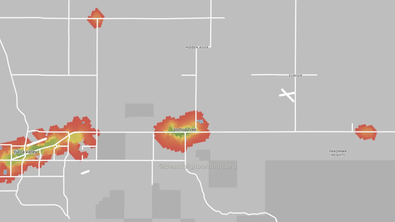 Walk Grade map of Joshua Tree, CA, walkable areas in green and car-dependent areas in red