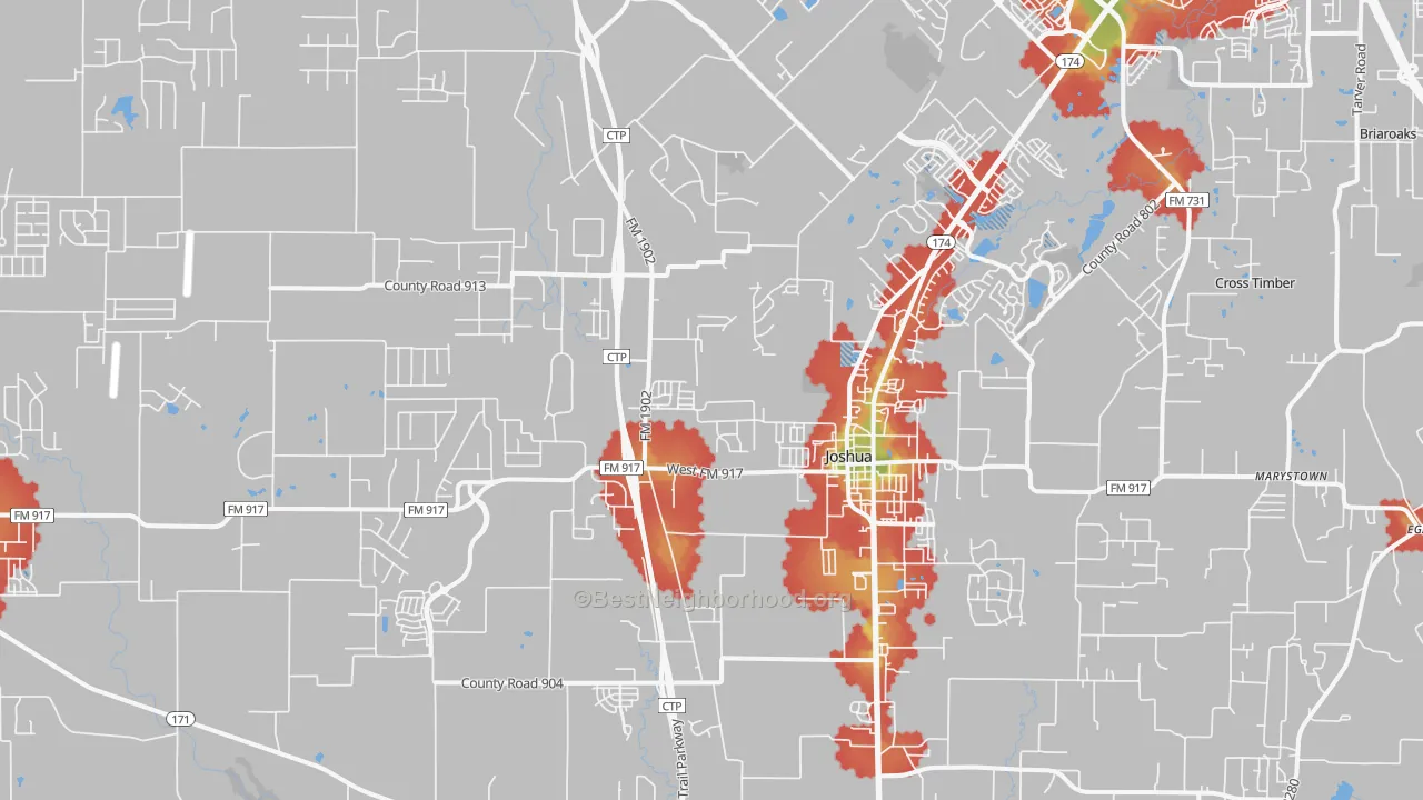 Walk Grade map of Joshua, TX, walkable areas in green and car-dependent areas in red