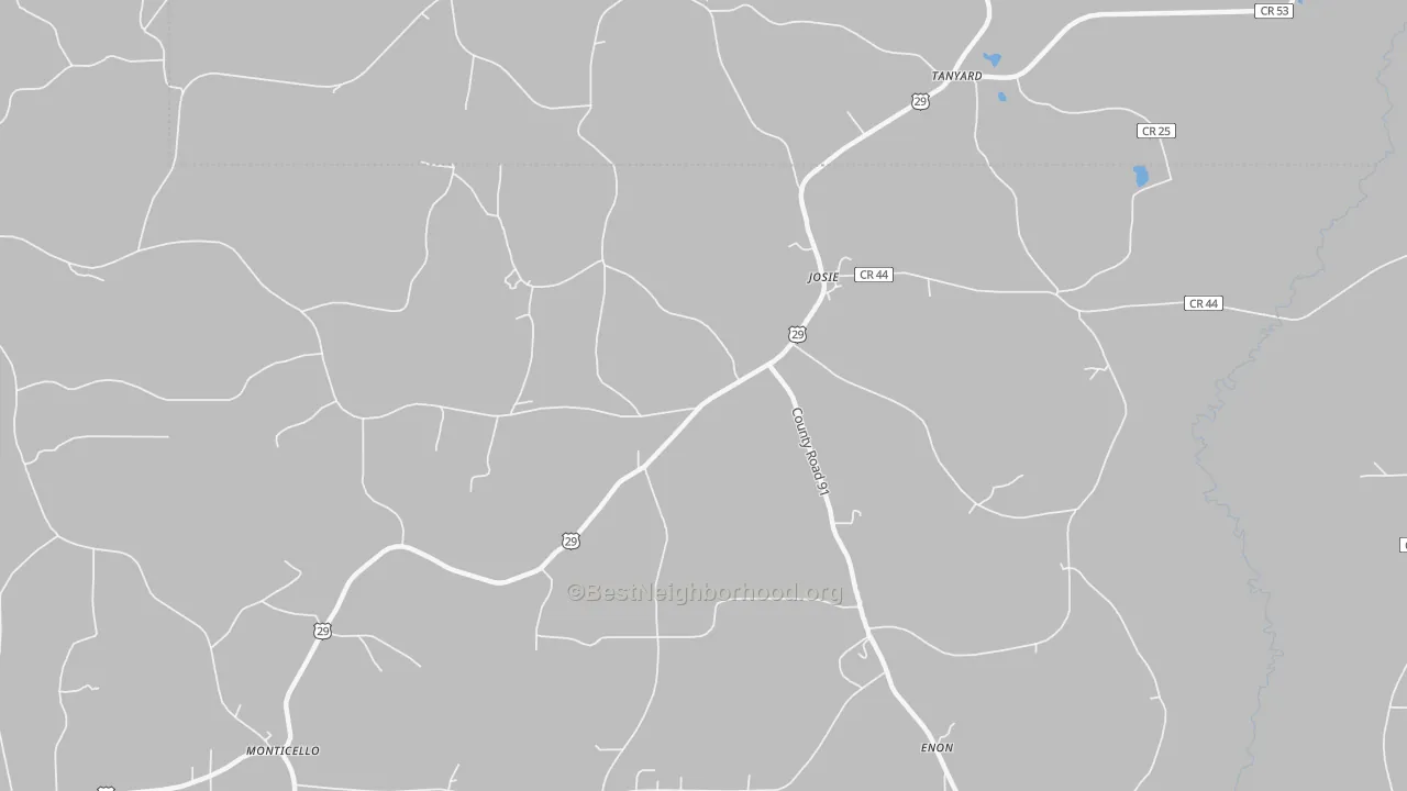 Walk Grade map of Josie, AL, walkable areas in green and car-dependent areas in red