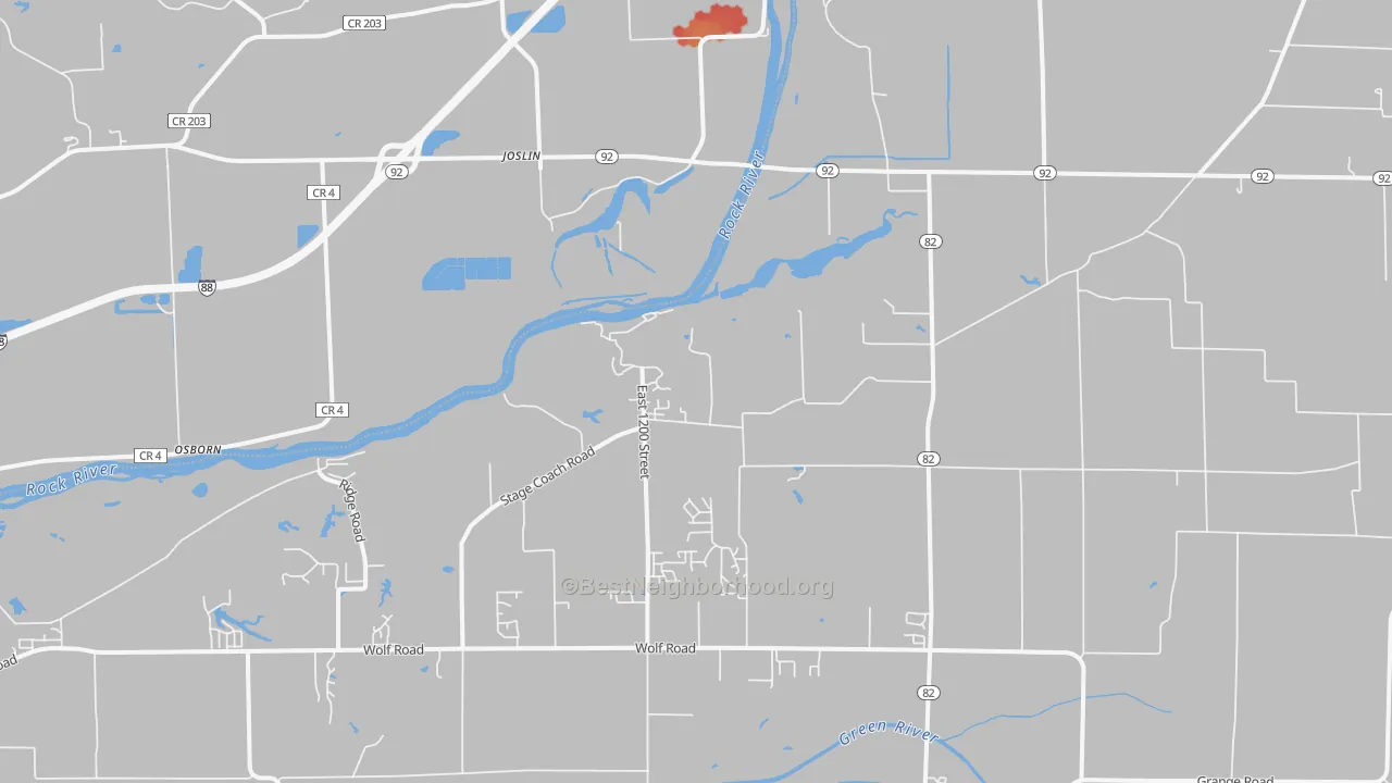 Walk Grade map of Joslin, IL, walkable areas in green and car-dependent areas in red