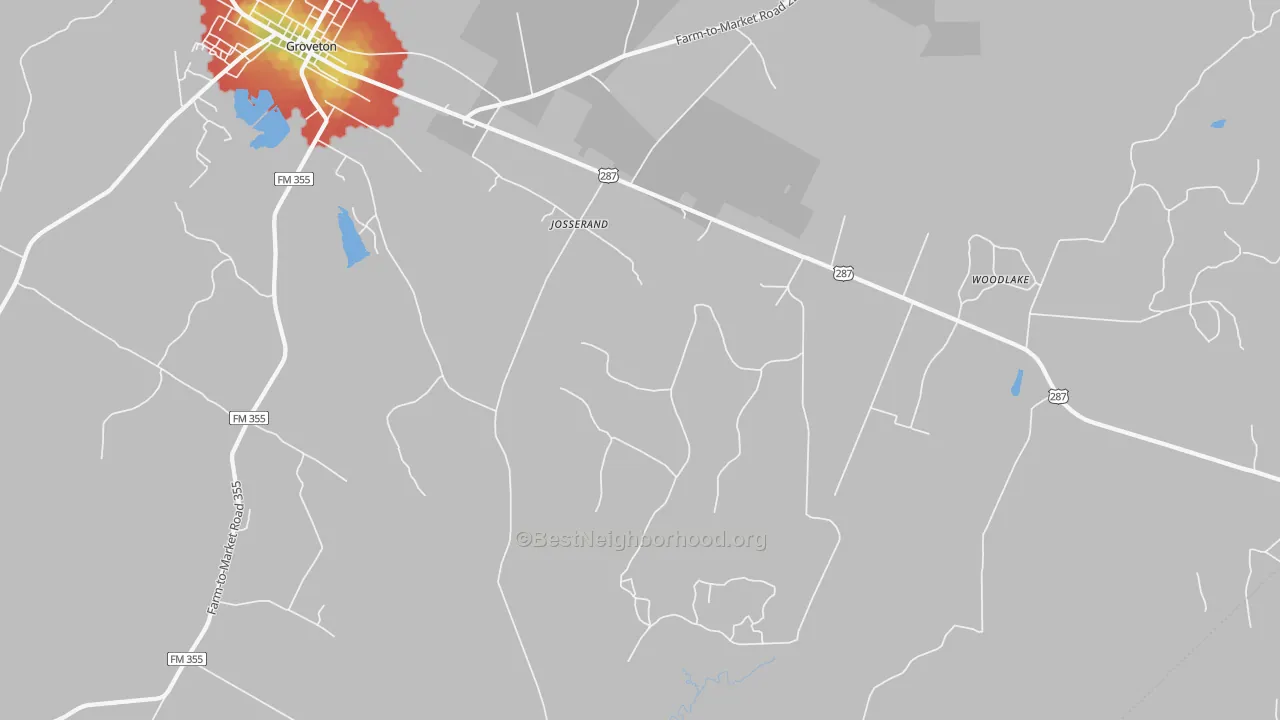 Walk Grade map of Josserand, TX, walkable areas in green and car-dependent areas in red