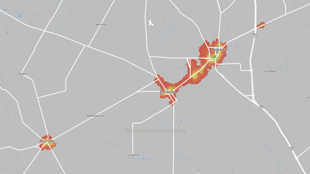 Walk Grade map of Jourdanton, TX, walkable areas in green and car-dependent areas in red