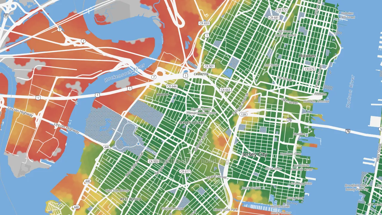 Walk Grade map of Journal Square, Jersey City, NJ, walkable areas in green and car-dependent areas in red