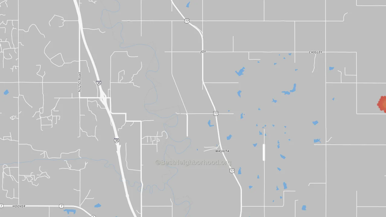 Walk Grade map of Joy, OK, walkable areas in green and car-dependent areas in red
