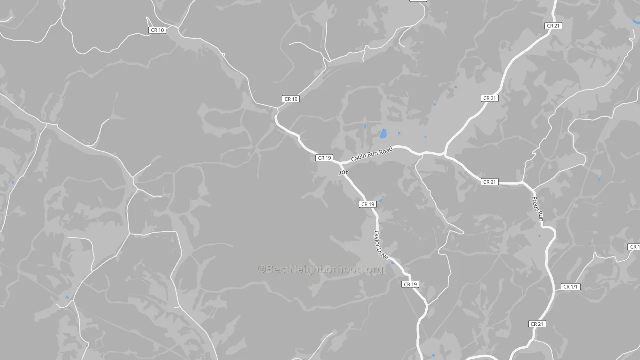 Walk Grade map of Joy, WV, walkable areas in green and car-dependent areas in red