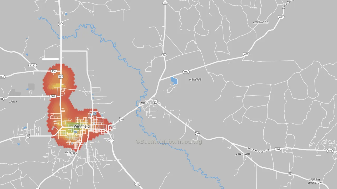 Walk Grade map of Joyce, LA, walkable areas in green and car-dependent areas in red