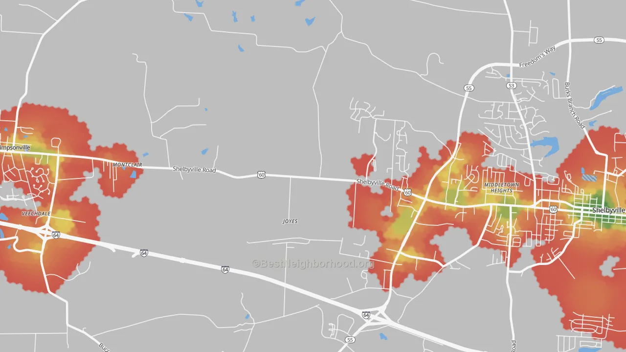 Walk Grade map of Joyes, KY, walkable areas in green and car-dependent areas in red