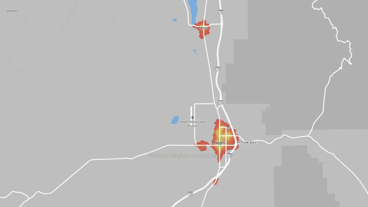 Walk Grade map of Juab County, UT, walkable areas in green and car-dependent areas in red