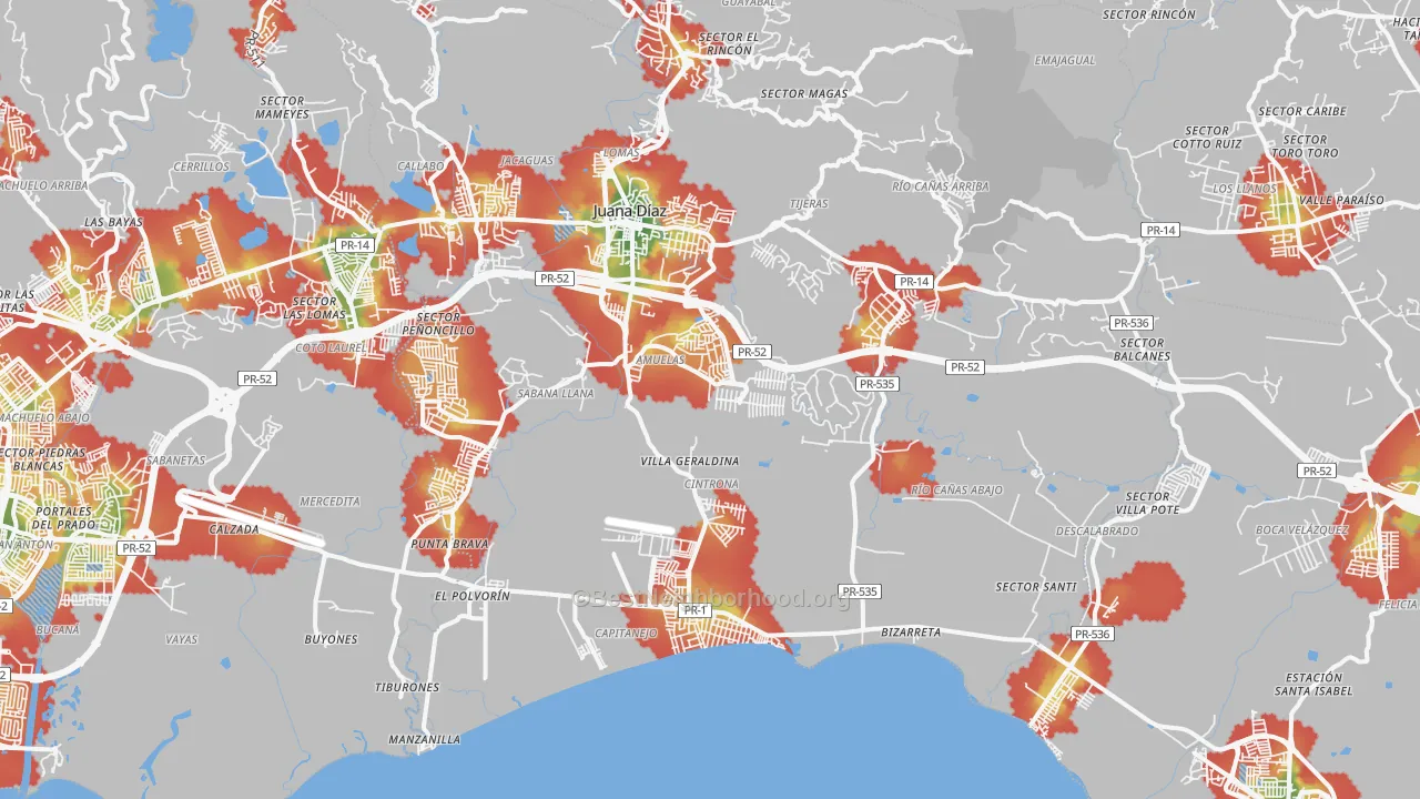 Walk Grade map of Juana Diaz, PR, walkable areas in green and car-dependent areas in red