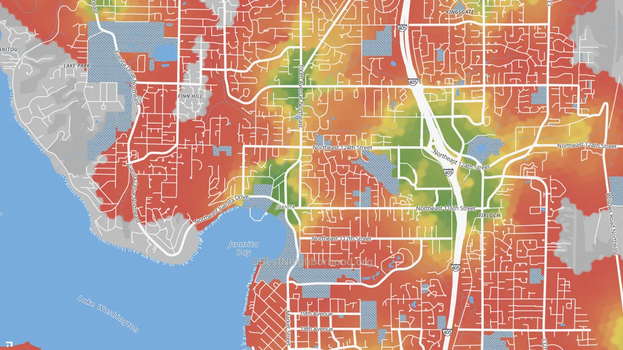 Walk Grade map of Juanita, Kirkland, WA, walkable areas in green and car-dependent areas in red