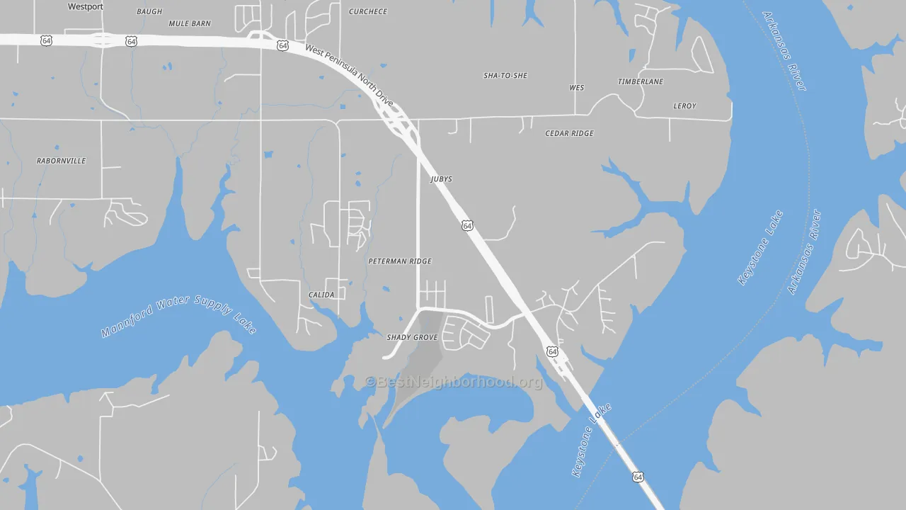 Walk Grade map of Jubys, OK, walkable areas in green and car-dependent areas in red