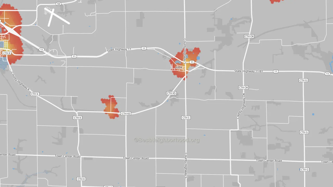 Walk Grade map of Juda, WI, walkable areas in green and car-dependent areas in red