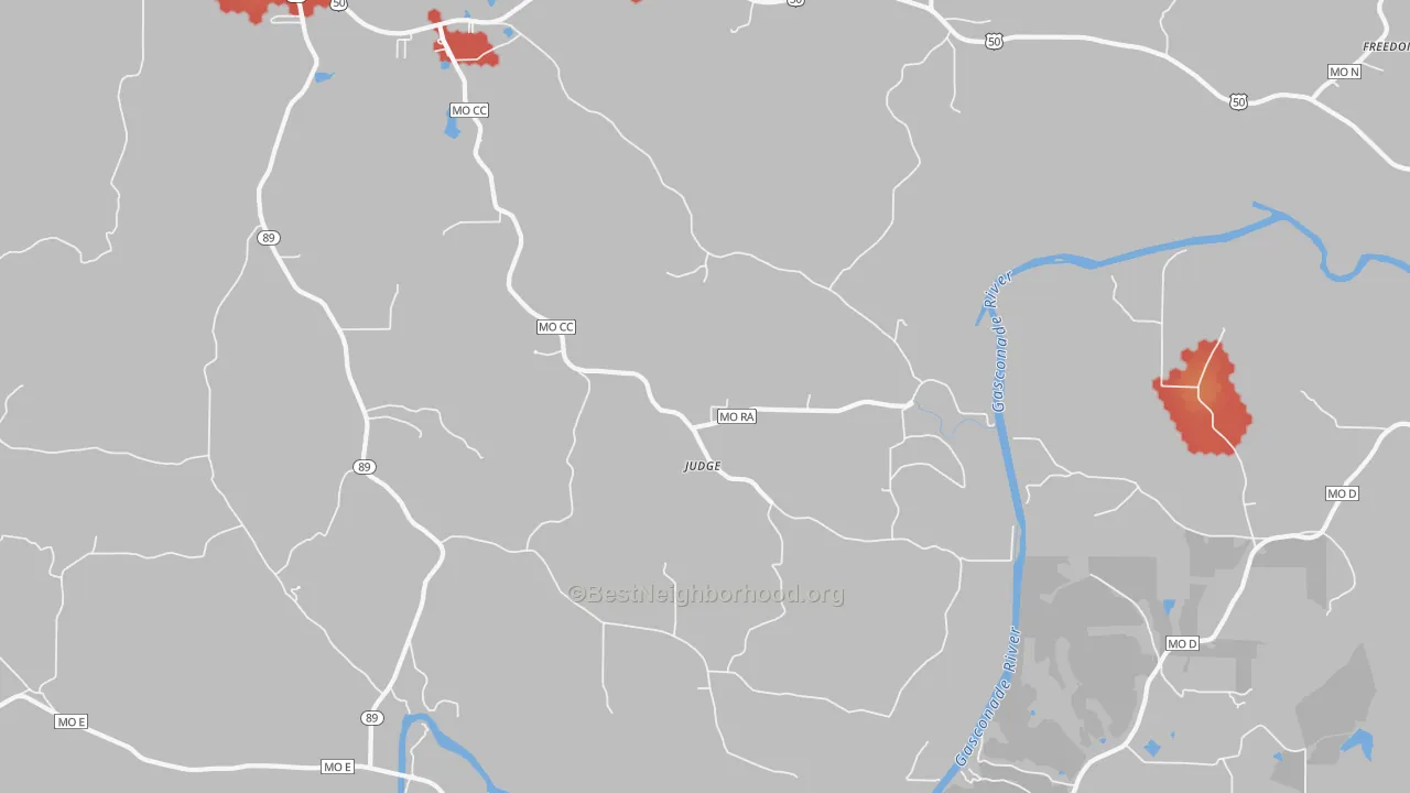 Walk Grade map of Judge, MO, walkable areas in green and car-dependent areas in red